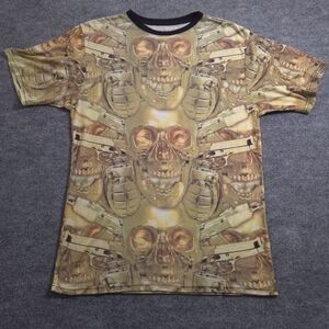Heights All Over Print Gold Skulls & Weapons Tee Size Large Y2K Grunge